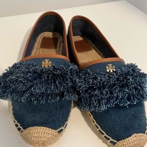 Tory Burch Shaw Denim Fringe Espadrilles Vegan Leather Flats 9